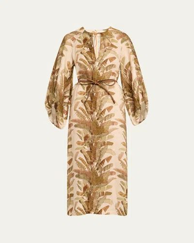 Zimmermann Ascension Brown Dress With Puffed Sleeves And All-over Palm Print In Linen Woman In Multi
