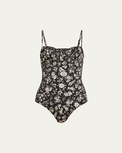 Ulla Johnson Zahara Gathered Floral-print Underwired Swimsuit In Black