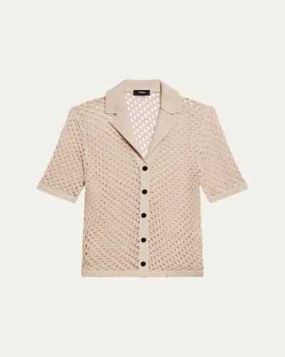 Theory Short-sleeve Camp Shirt In Sheen Cotton In Neutral