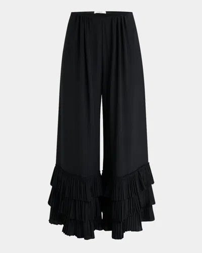 Chloé Wide Leg Trousers Ruffled Hem In Black