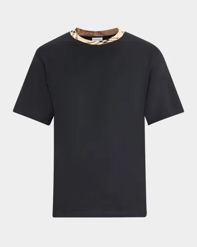 Burberry Black Cotton T-shirt With Check Finishes Men In Black