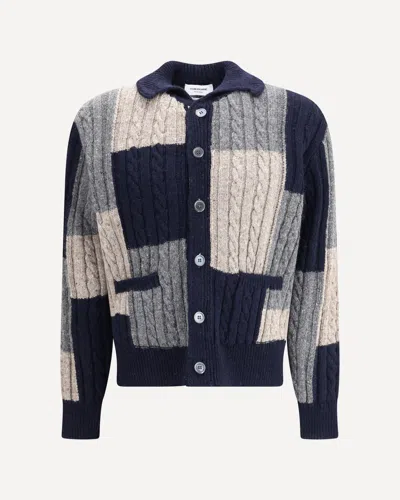 Thom Browne Patchwork Cable Knit Cardigan In Blue