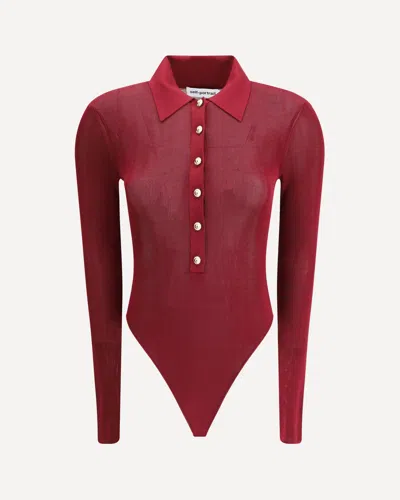 Self-portrait Bordeaux Viscose Bodysuit With Classic Collar In Burgundy