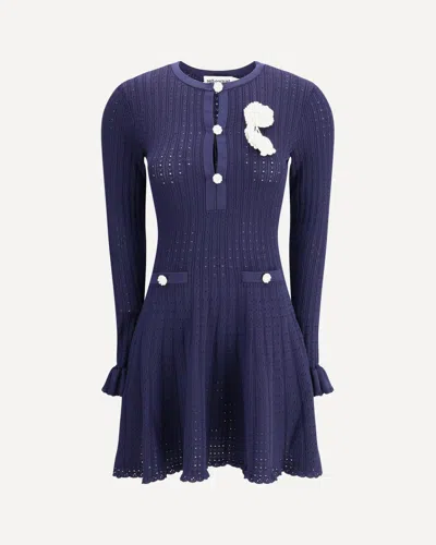 Self-portrait Perforated Knit Short Dress With Removable Lace Brooch In Blue