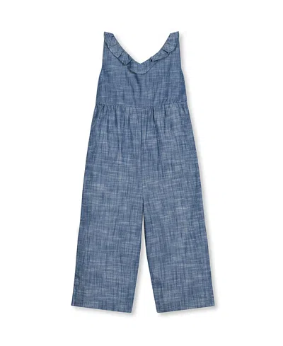 Hope & Henry Girls' Organic Ruffle Neck Jumpsuit, Kids In Blue
