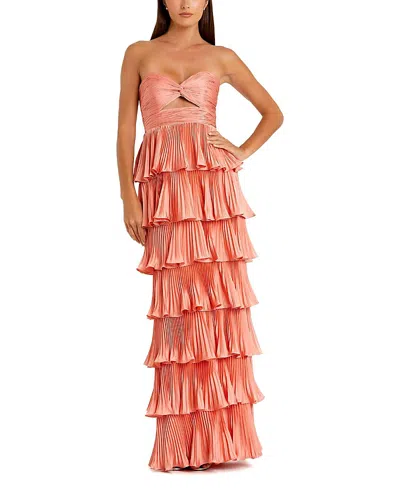 Mac Duggal Pleated Charmeuse Strapless Tiered Ruffle Gown In Red