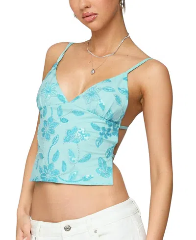 Edikted Pia Sequin Floral Backless Top In Blue