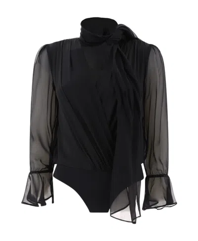 Pinko Long-sleeved V-neck Bodysuit In Black