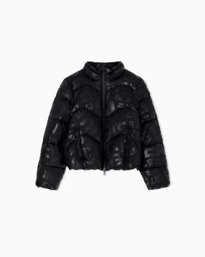 Ea7 Nylon Padded Jacket With All-over Monogram Print In Black
