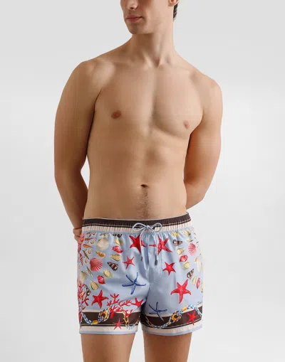 Dolce & Gabbana Light Blue Swim Shorts With Drawstring Elastic Waist And All-over Print In Multi