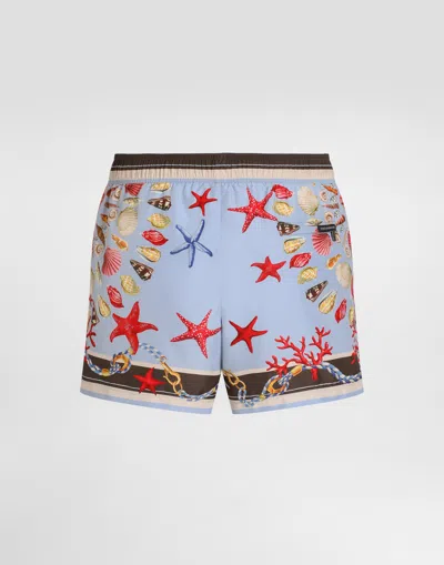 Dolce & Gabbana Light Blue Swim Shorts With Drawstring Elastic Waist And All-over Print In Multi