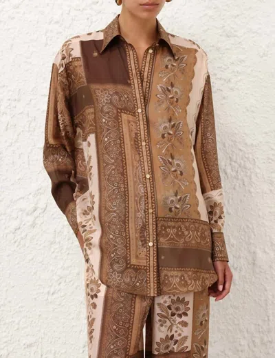 Zimmermann Lucky Brown Shirt With Classic Collar And All-over Floral Print In Silk Woman