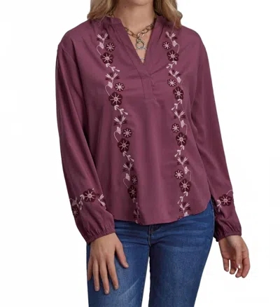 Roper Long Sleeve Embroidered Wine Blouse In Mauve In Purple