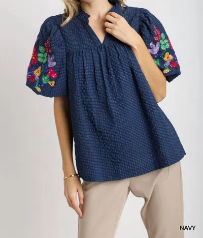 Umgee Bubble Sleeve Embroidered Blouse In Navy In Blue