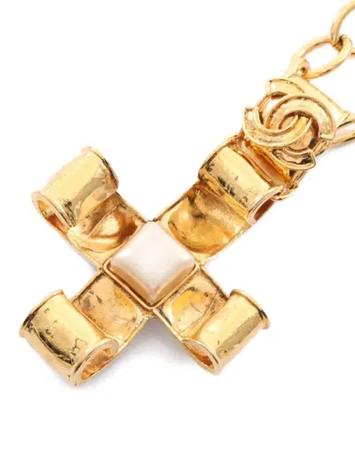 Pre-owned Chanel 1986-1988 Cross Pearl Necklace In Gold