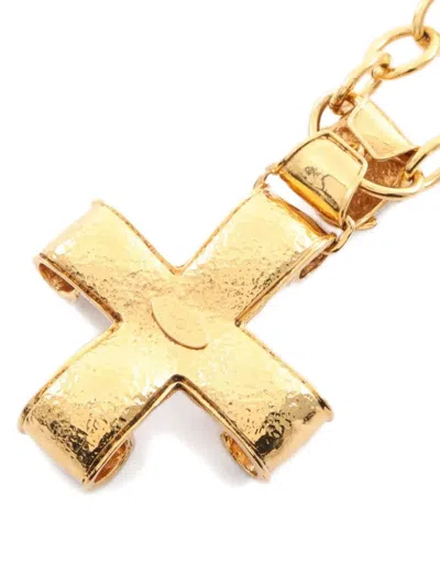 Pre-owned Chanel 1986-1988 Cross Pearl Necklace In Gold