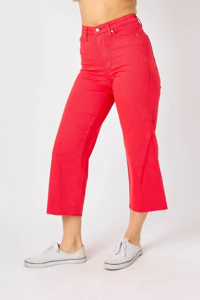 Judy Blue High Waist Garment Dyed Tummy Control Wide Leg Cropped Jeans In Red In Red