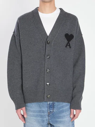 Ami Alexandre Mattiussi Ami Paris Ami De Coeur Heather Grey Wool Cardigan Men