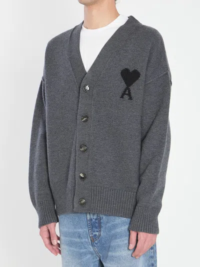 Ami Alexandre Mattiussi Ami Paris Ami De Coeur Heather Grey Wool Cardigan Men
