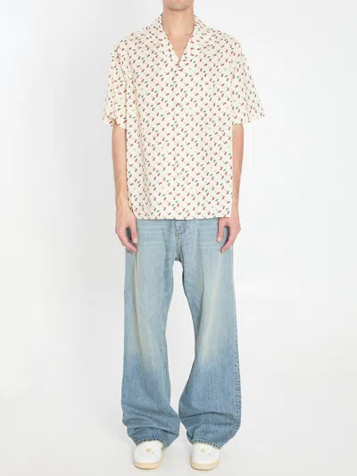 Valentino Cotton Poplin Bowling Shirt With Cherryfic Print In Neutral