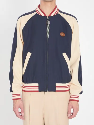 Valentino Sporty Bomber Jacket With Embroidered Details In Blue
