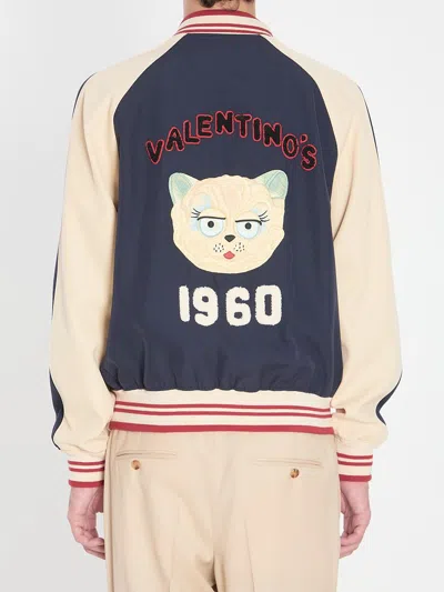 Valentino Sporty Bomber Jacket With Embroidered Details In Blue