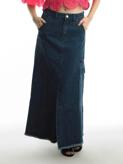 Gracia Long Denim Skirt In Dark Wash In Blue