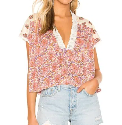 Free People Leilani Floral Print Peasant Crochet Boho Blouse In Multicolor In Multi