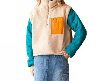 Veveret Fleece Puffer Sleeve Pullover Top In Beige