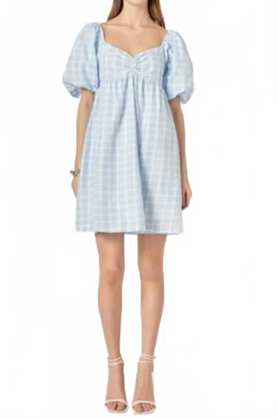 English Factory Gingham Linen Sweetheart Baby Doll Dress In Powder Blue In Blue
