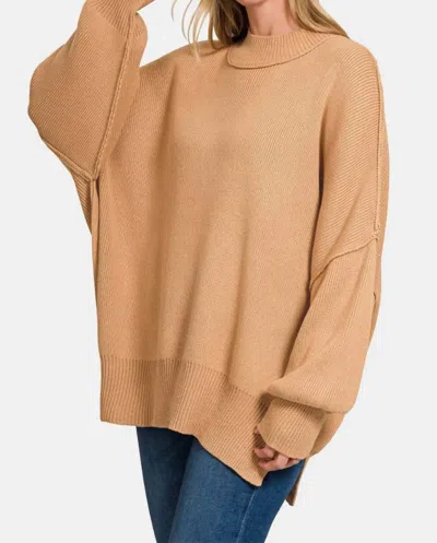 Zenana Side Sit Oversize Sweater In Dk Brush In Brown