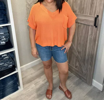 Ces Femme V-neck Boxy Fit Lightweight Spring Knit Sweater Top In Orange