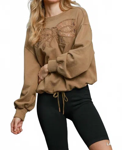 Umgee French Terry Sweatshirt W/ Lace Ribbon In Latte Washed