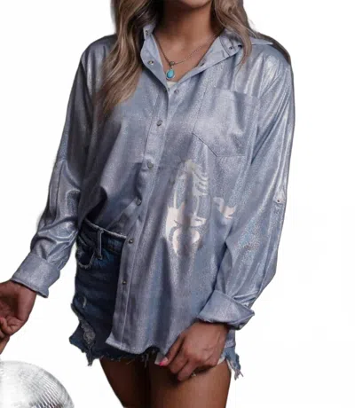 Merigold Kiss Wild Horses Pearl Snap Button Down Shirt In Light Blue