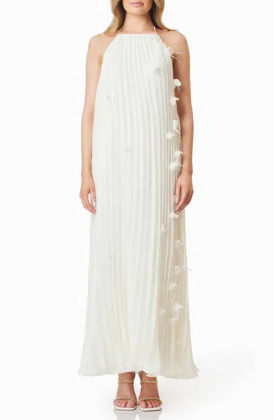Elliatt Emelia Floral Appliqué Pleated Georgette Halter Maxi Dress In White