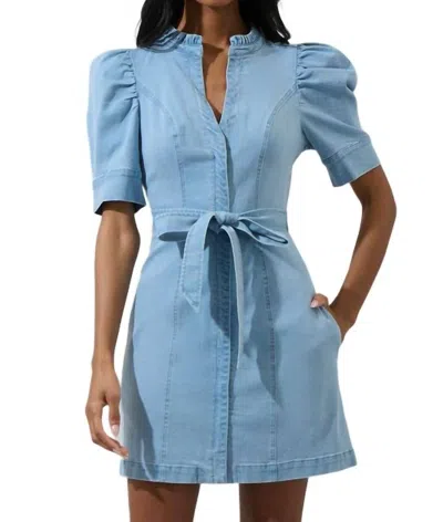 Sugarlips Jamie Denim Puff Sleeve Belted Mini Dress In Light Blue