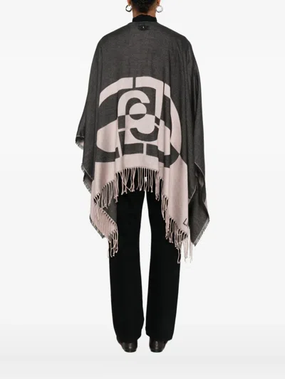 Liu •jo Poncho With Logo And Fringes In Black
