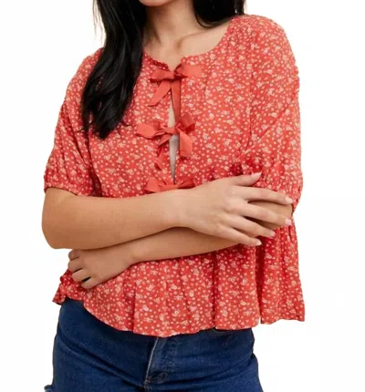 In-loom Floral Bow Tie Top In Red