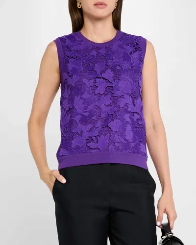 Oscar De La Renta Peony Guipure Inset Tank Sweater In Violet In Purple