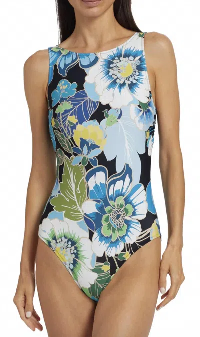 Johnny Was Jenn Tie Back One Piece Swimsuit In Floral Green And Blue In Blue