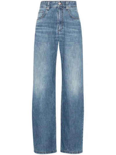 Brunello Cucinelli Wide-leg Blue Jeans With Whiskering Effect And Classic Five-pocket Design In Blue
