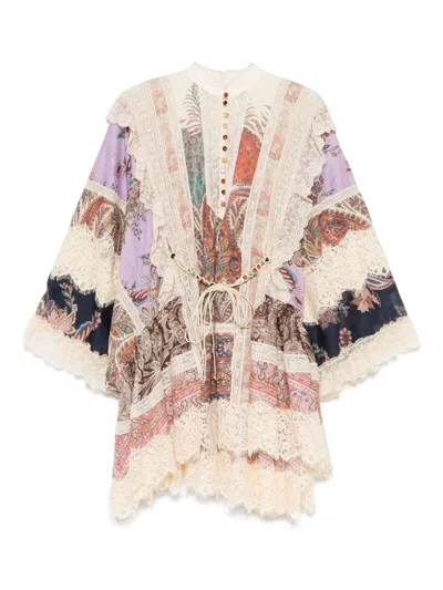 Zimmermann Rhiannon Billow Long Sleeve Lace Trim Minidress In Neutral