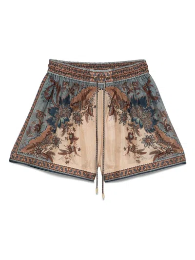 Zimmermann Ascension Multicolor Shorts With Elastic Drawstring And All-over Print In Silk Woman In Brown