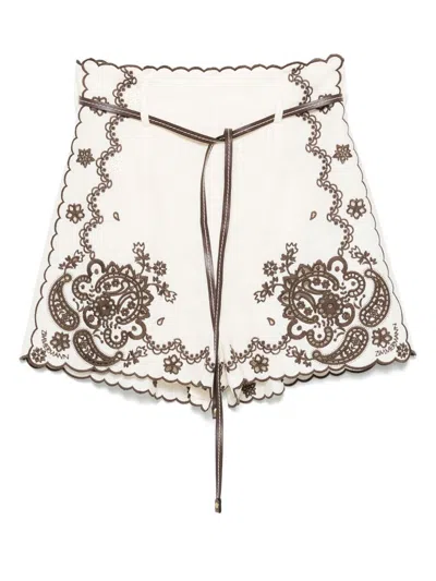 Zimmermann Womens Ivory Chocolate Ascension Embroidered Linen Shorts Xs In White