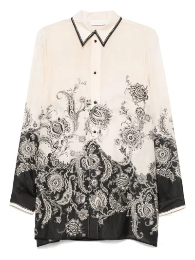 Zimmermann White Floral And Paisley Print Shirt With Contrasting Trim In Multi