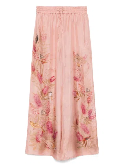 Zimmermann Silk Trousers With Floral Print And Wide Leg In Pink