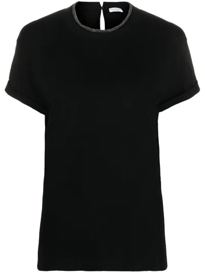 Brunello Cucinelli Short-sleeved T-shirt With Rolled Sleeves And Keyhole Detail In Black
