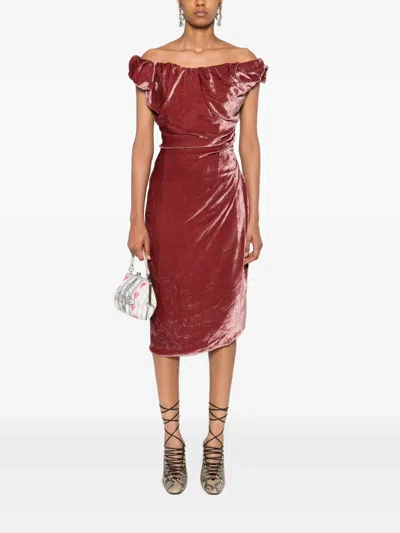 Vivienne Westwood Off-shoulder Velvet Midi Dress In Brown