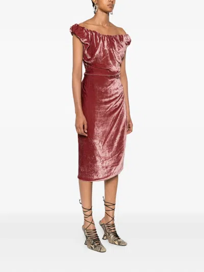 Vivienne Westwood Off-shoulder Velvet Midi Dress In Brown