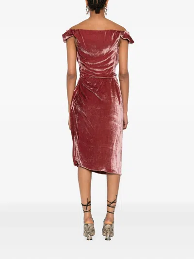 Vivienne Westwood Off-shoulder Velvet Midi Dress In Brown